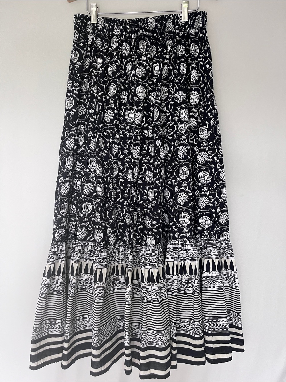 Boho Block Print Tiered Cotton Maxi Skirt Made in India • Size L